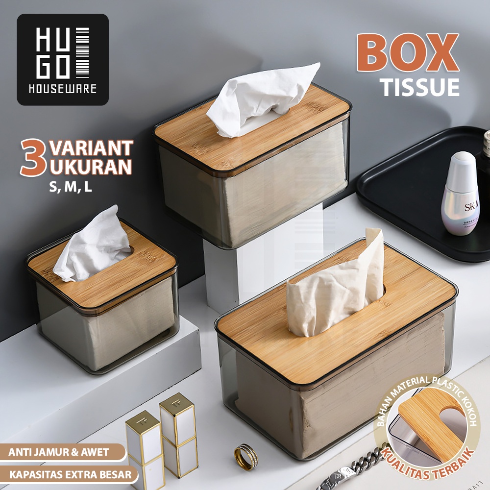 HUGO Tempat Penyimpanan Tissue Transparan Kotak Tisu Estetik Minimalis Tutup Kayu Premium Quality