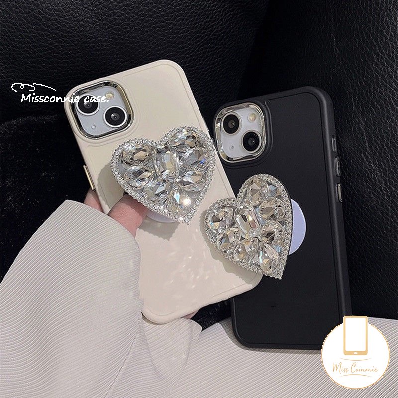 IPHONE Casing Ponsel Bingkai Lensa Logam Plating Mewah Kompatibel Untuk Iphone11 14 13 12 Pro MAX 7plus X XR 78 Plus XS MAX Simple Warna Macaron Soft Cover Dengan Braket Cinta Hati Berlian