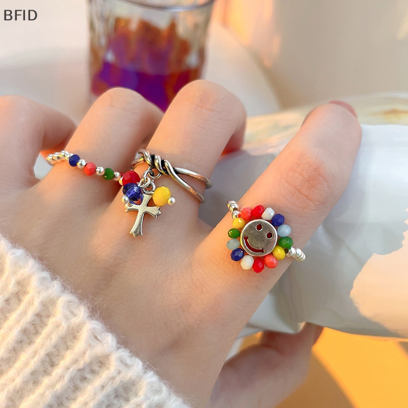 [BFID] Manik-manik Warna-Warni Smiley Elastis Manik-Manik Diy Cincin Gadis Ins Desain Niche Jari Telunjuk Cincin Pasang Perhiasan Wanita Lucu Cincin [ID]