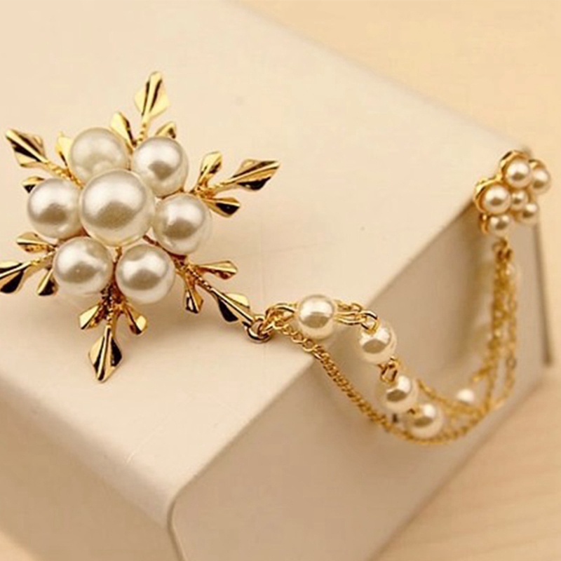 Bros Rumbai Rantai Snowflake Mutiara Elegan Bros Fashion Untuk Wanita Chain Pin Jewelry