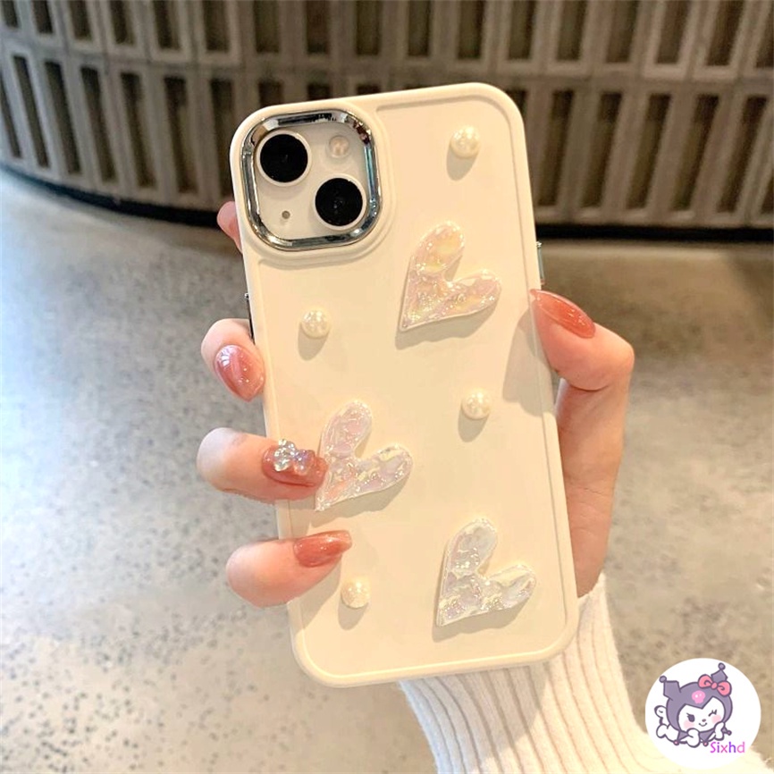 Compatible For iPhone 14 13 12 11 Pro Max SE2020 X Xr Xs Max 8 7 6 6s Plus Fashion  3D Love Heart Cream Pearl Metal Buttons Shockproof Phone Case Soft Cover