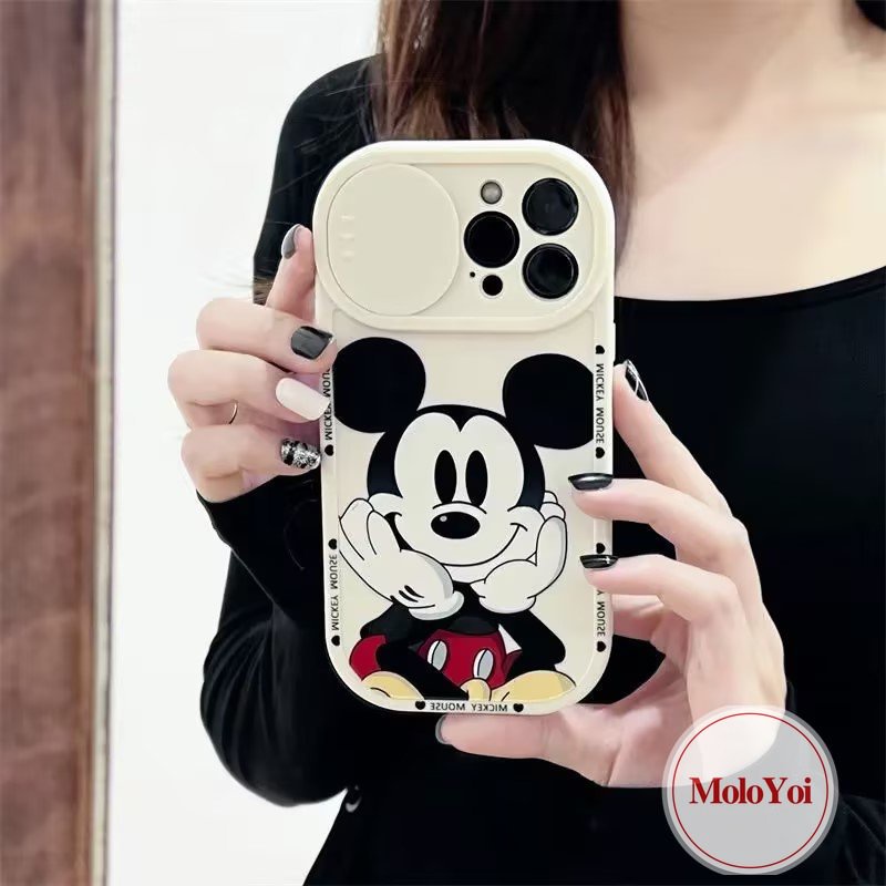 Cartoon Disney Strawberry Bear Lotso Push Pull Window Case Compatible for iPhone XR XS X Max 8Plus 7Plus 11 13 12 Pro Max Camera Lens Protector Cute Mickey Mouse Couple Phone Cover