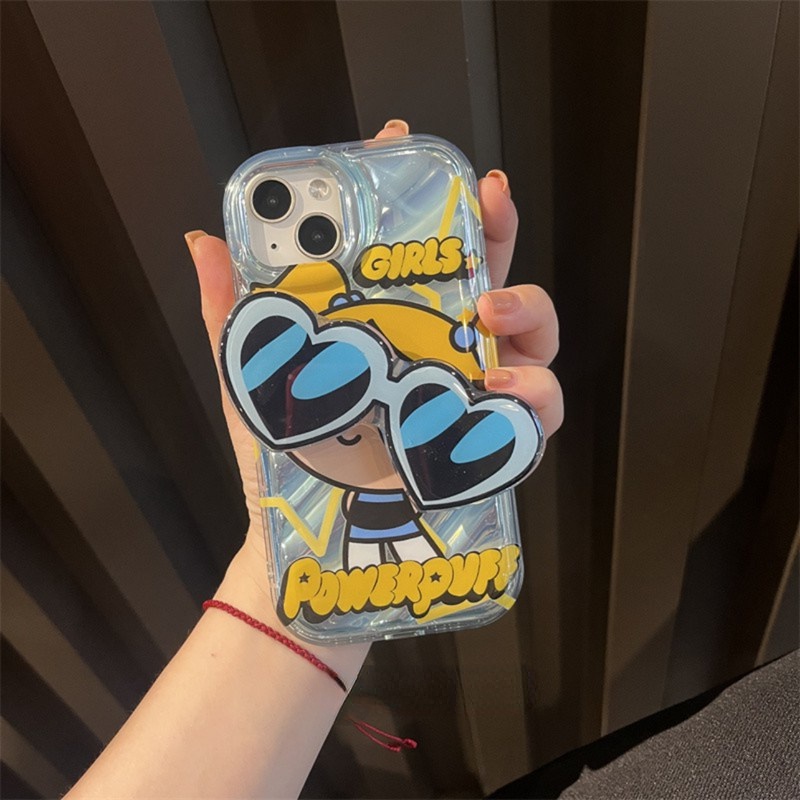 【The Powerpuff Girls】So Cool Laser Wave Gradient Silver Airbag SoftCase IPhone 11 12 13 14 Pro Max X XR XS MAX 14 Plus Girl Women's Fashion Cute Phone Case Gift Popsocket Sunglasse