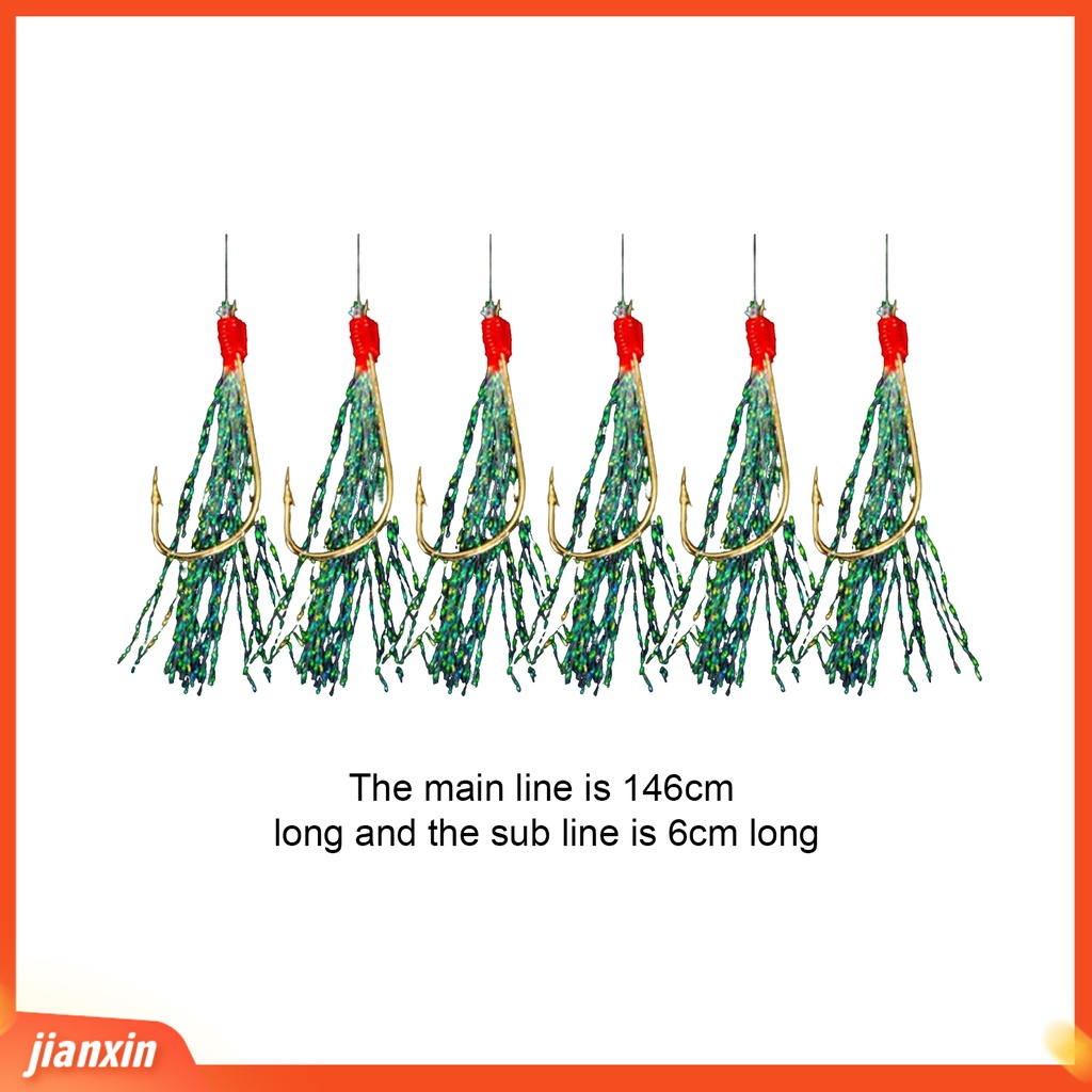 (In Stock) 6PCs/String Memancing Umpan Kait Berduri Tajam Warna Cerah Kokoh Anti-Korosi Penembus Kuat Portabel Cahaya Rumbai Berlapis Emas Kait Peralatan Memancing