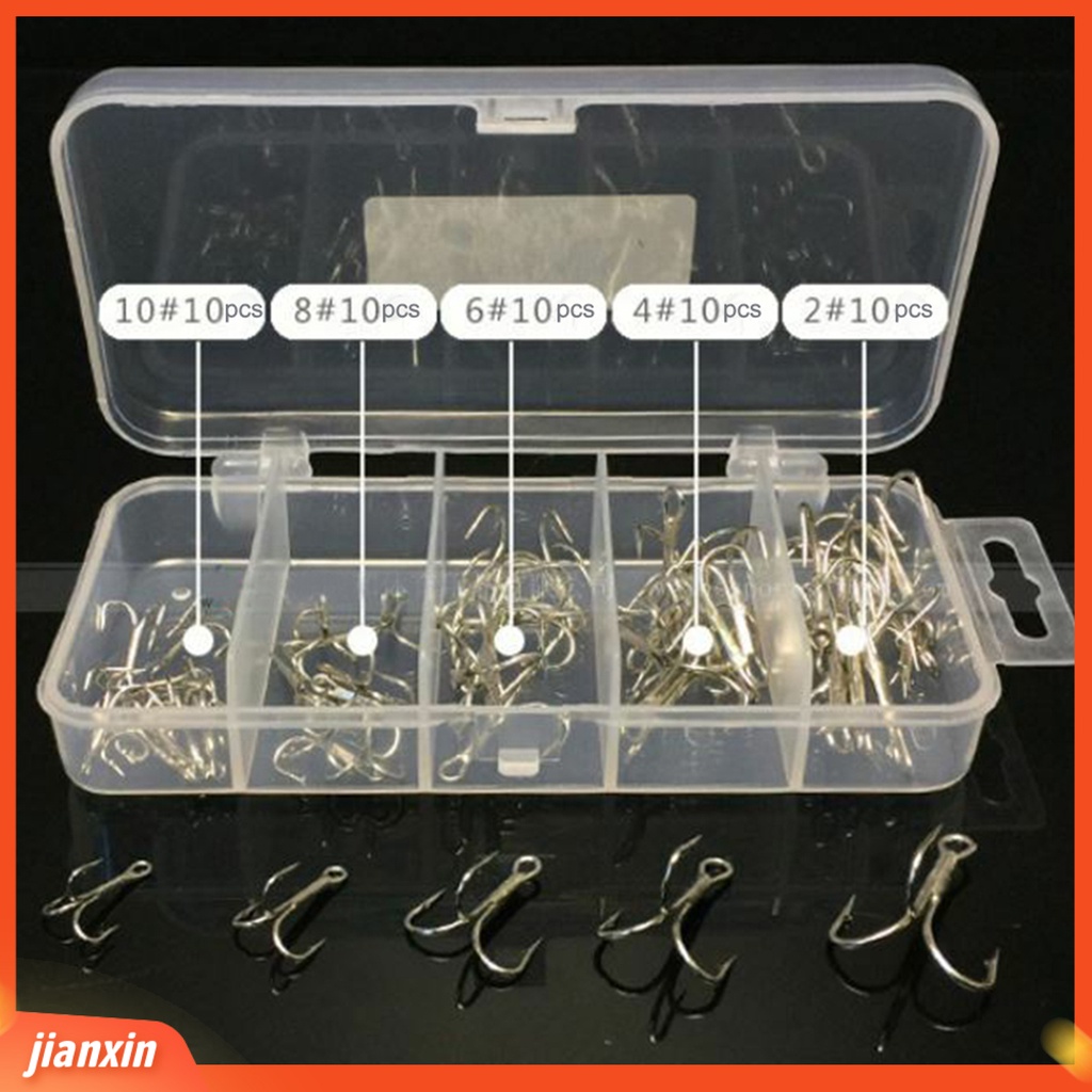 (In Stock) 50Pcs Pengait Treble Pancing Tajam Bahan Baja Karbon Fishing Tackles Dengan Kotak Plastik