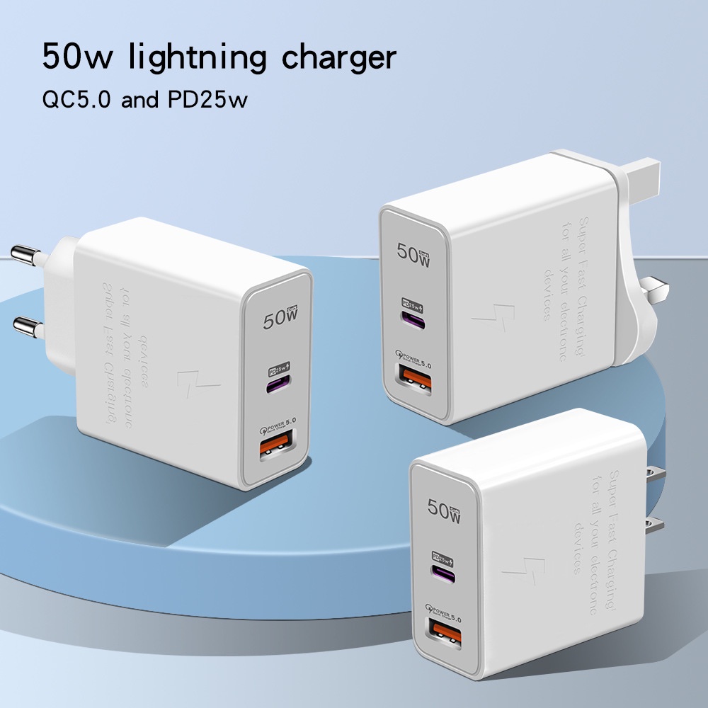 50w USB Charger EU QC 5.0 USB PD 25W Tipe C Pengisian Cepat Power Adapter Universal Untuk Samsung