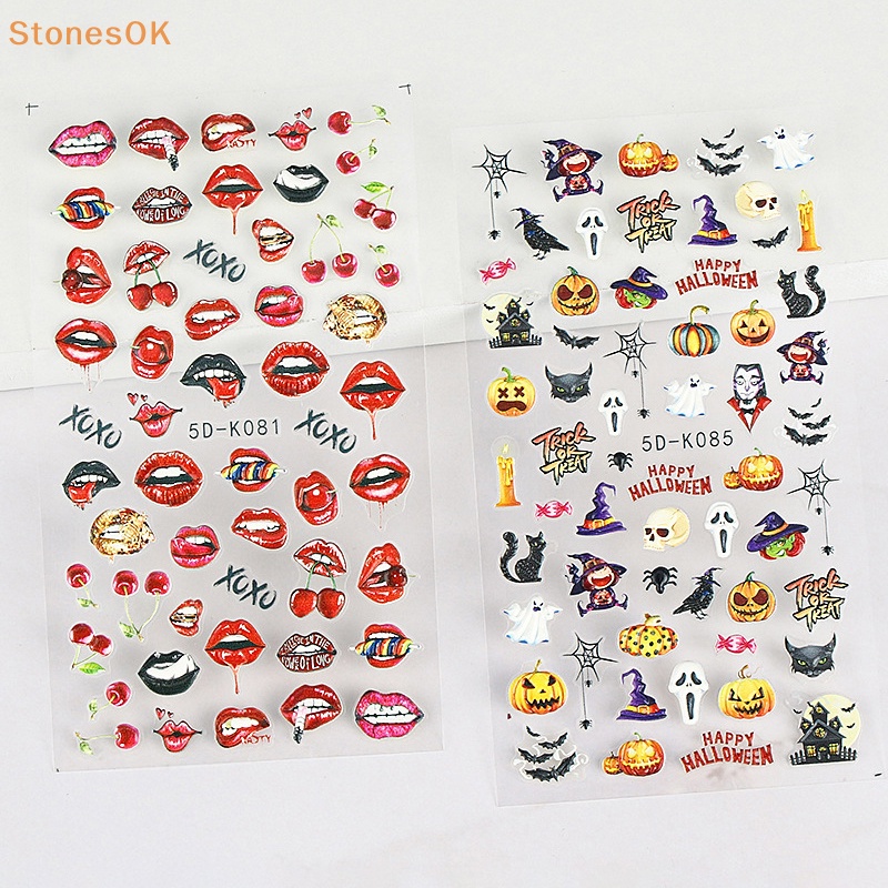 Batu Halloween Stiker Kuku 5D Skeleton Ghost Pattern Nail Decals Self-Adhesive Cree ID