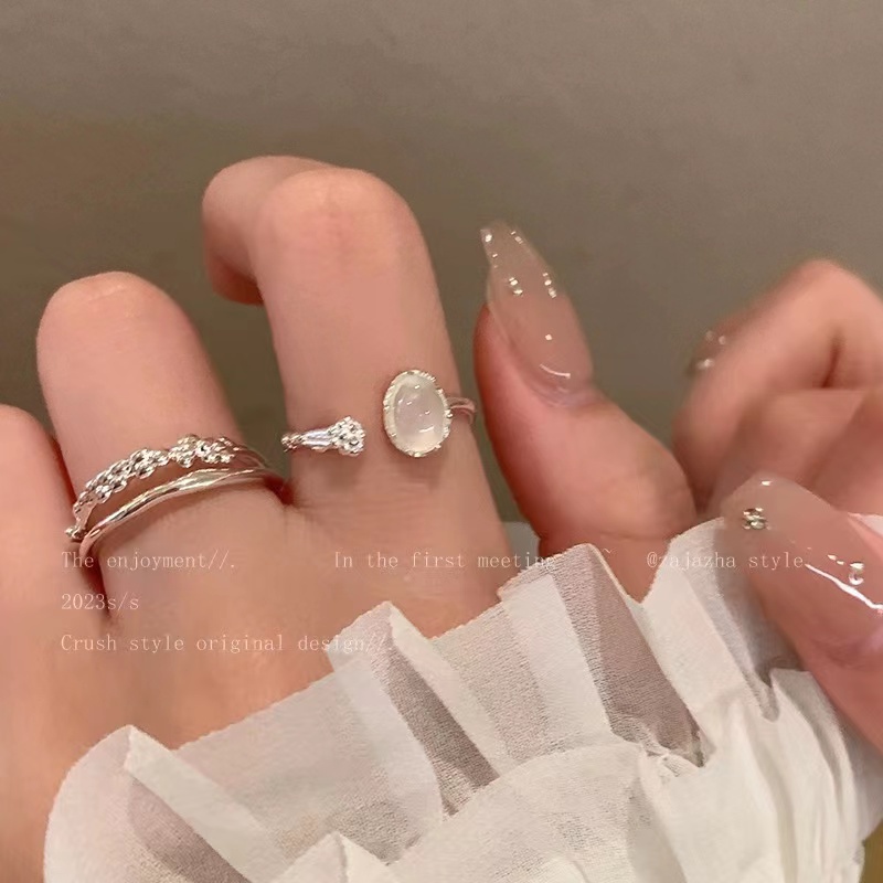 Ifyou 2pcs /Set Cincin Set Moonstone Elegan Perak Cincin Terbuka Untuk Aksesoris Perhiasan Wanita