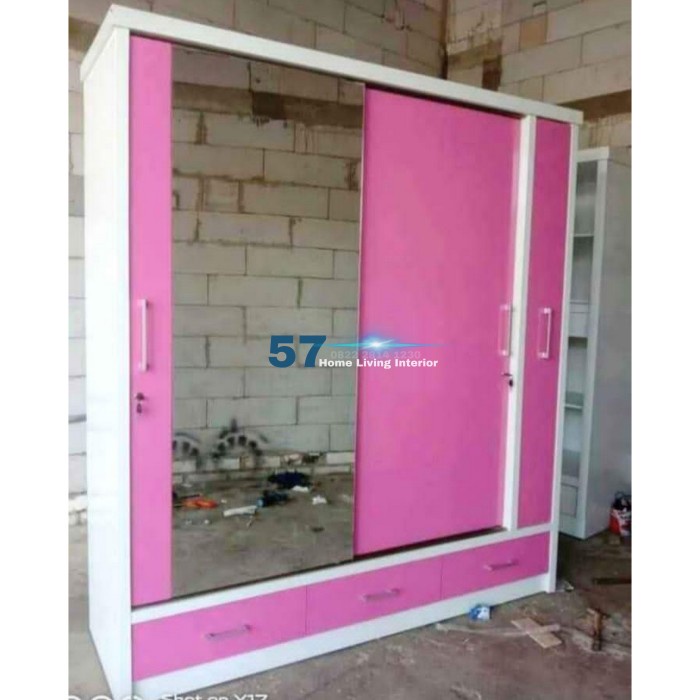 Lemari Pakaian Minimalis Anak Pintu Sliding Bahan Plywood HPL
