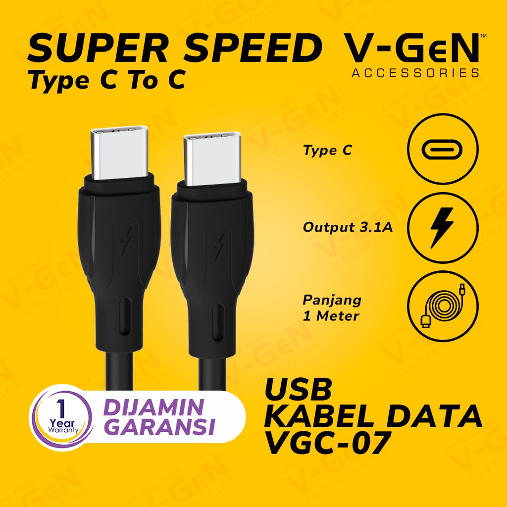 * Kabel Data V-GeN VGC-07 Type C to Type C QC 4.0 PD 60W 3.1A 1 Meter V-GeN