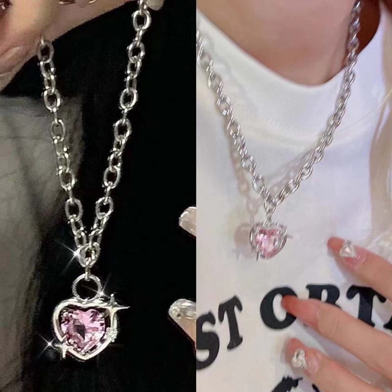 Fashion Peach Hati Tetesan Air Liontin Kalung Merah Muda Kristal Egirl Manis Keren Rantai Klavikula Perhiasan Estetik