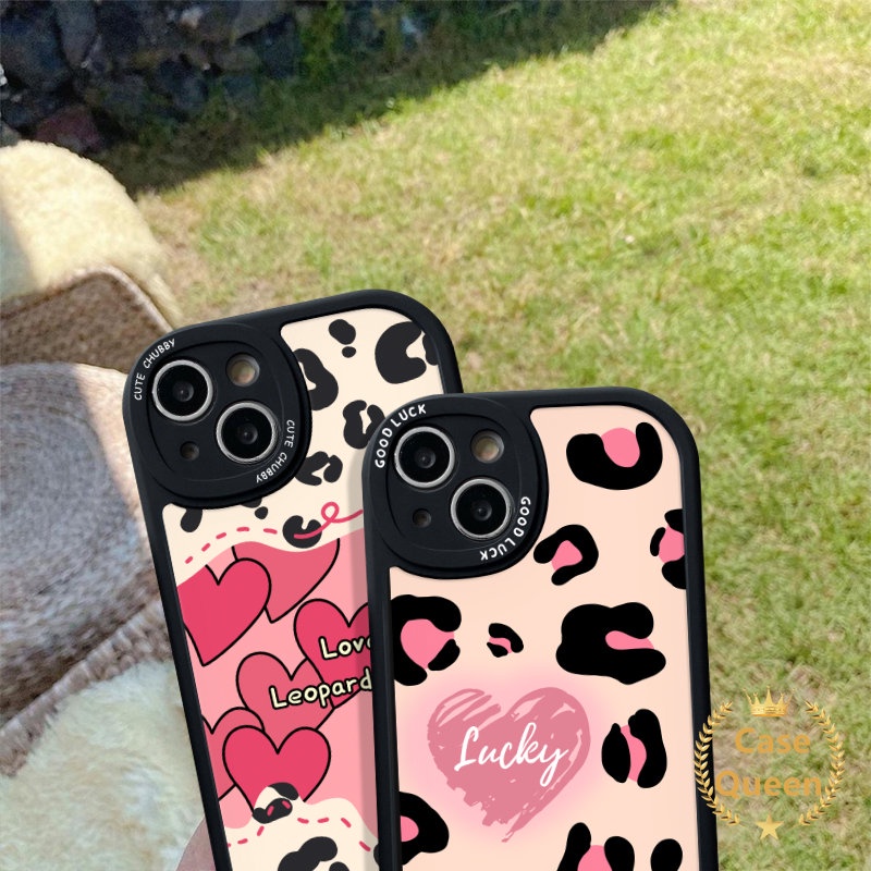 IPHONE Case Shockporoof Lensa Bulat Kompatibel Untuk Iphone11 13 12 14 Pro Max6 6s Plus XR XS X Max7 8 Plus SE 2020 Fashion Cinta Hati Motif Leopard Pasangan Lembut Tpu Phone Cover