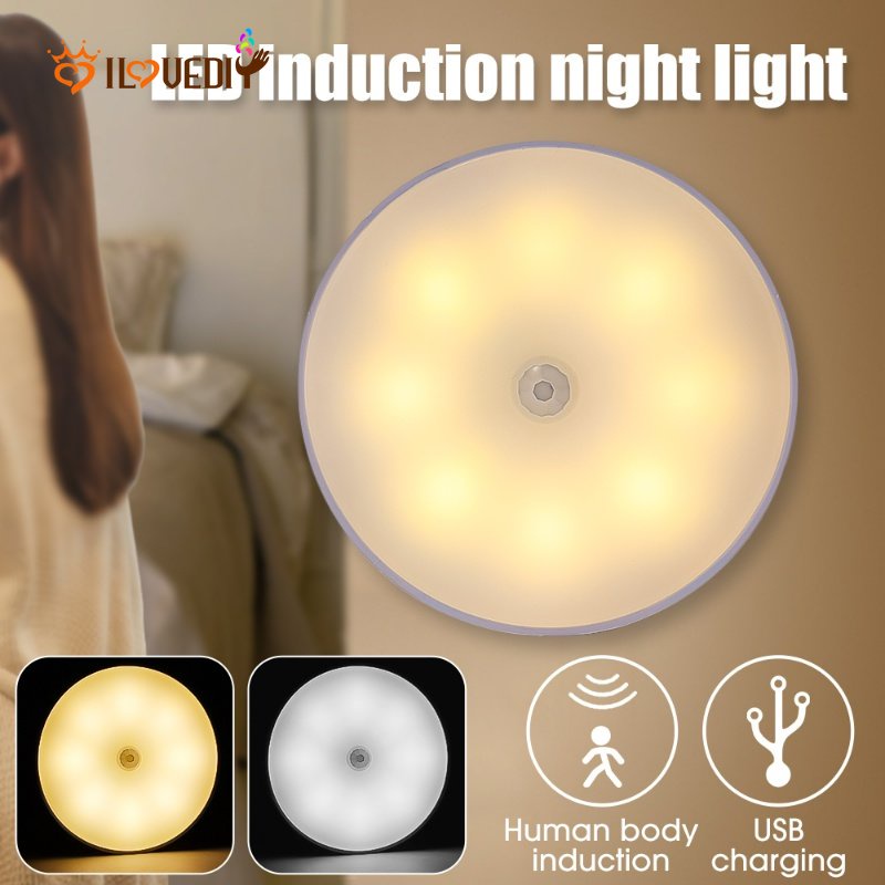 Hot Sale/USB Rechargeable PIR Motion Sensor LED Night Light Lampu Hias Dinding Bulat Nirkabel Lampu Dinding Indoor Untuk Kabinet, Lemari, Tangga, Lemari, Lorong