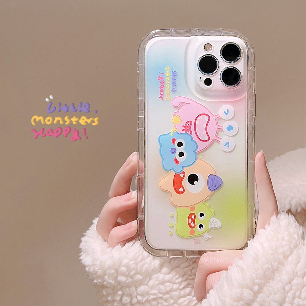 IPHONE Kartun Monster Kecil Lucu Warna Gradien Anti-Jatuh Transparan Casing Ponsel Cover Untuk Iphone11 12 13 14 PLUS PRO MAX