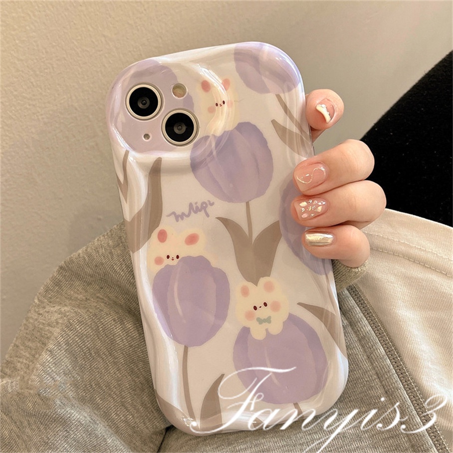 Compatible For IPhone 14 13 12 11 Pro Max X XR Xs Max 8 7 6s Plus SE 2020 Kompatibel Untuk Kelinci Ungu Bunga Tulip Gelombang Casing Ponsel TPU Silicon Lembut Cover Pelindung
