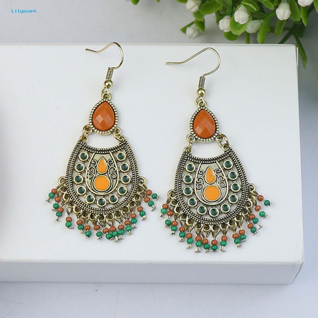 Lilyscent 1pasang Shiny Boho Earrings Perhiasan Pesta Gaya Etnik Rumbai Pesona Anting Bentuk Bunga