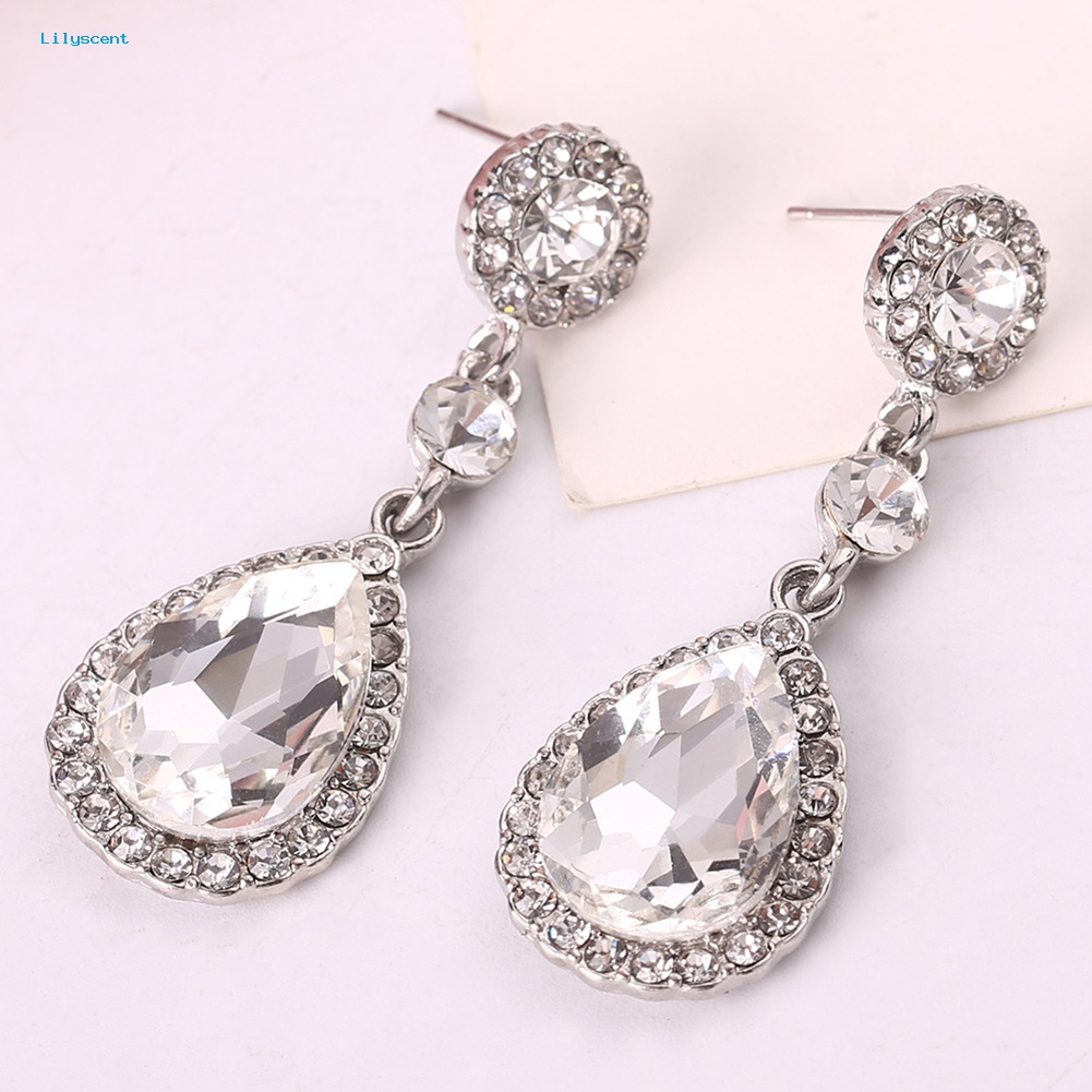 Lilyscent Pesta Fashion Wanita Berlian Imitasi Mengkilap Hias Tetesan Air Panjang Menjuntai Stud Earrings