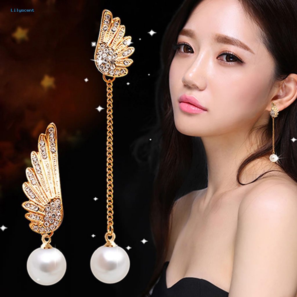 Lilyscent 1pasang Anting Drop Mutiara Imitasi Untuk Belanja Wanita Berlian Imitasi Sayap Menjuntai Anting Eye-catching