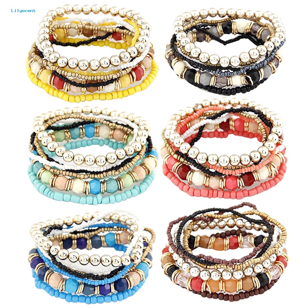 Lilyscent 7Pcs/Set Multicolor Bangle Untuk Pacaran Wanita Boho Gelang Manik-Manik Elastis Bohemian