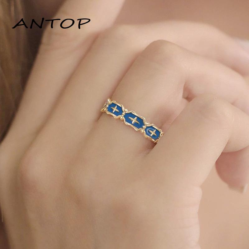 [Antop Lurik Enamel Pola Silang Biru Glasir Wanita Cincin Ring Niche Desain Rasa