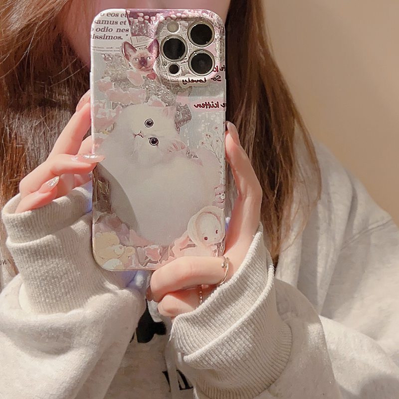 Ultrathin PC Hard Full Protective Case IPhone 7 8 Plus 7+ 8+ XR XS Max 11 12 13 14 Pro Max 14Plus SE 2020 Women's Gift Cute Pink Flower Cat Nonskid