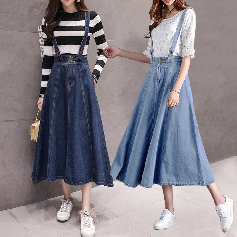 LIE Hyekyo Denim Overall Skirts (#6085)/Rok Panjang/Rok Kodok/Rok jeans/Rok jeans wanita/Rok Jeans K