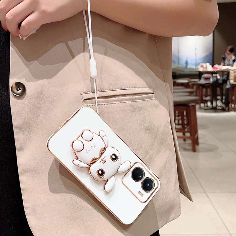 Andyh Case Ponsel Untuk Vivo Y16 Lucu Kartun Kelinci Kecil Tepi Lurus Soft Shell Mengirim lanyard Silikon