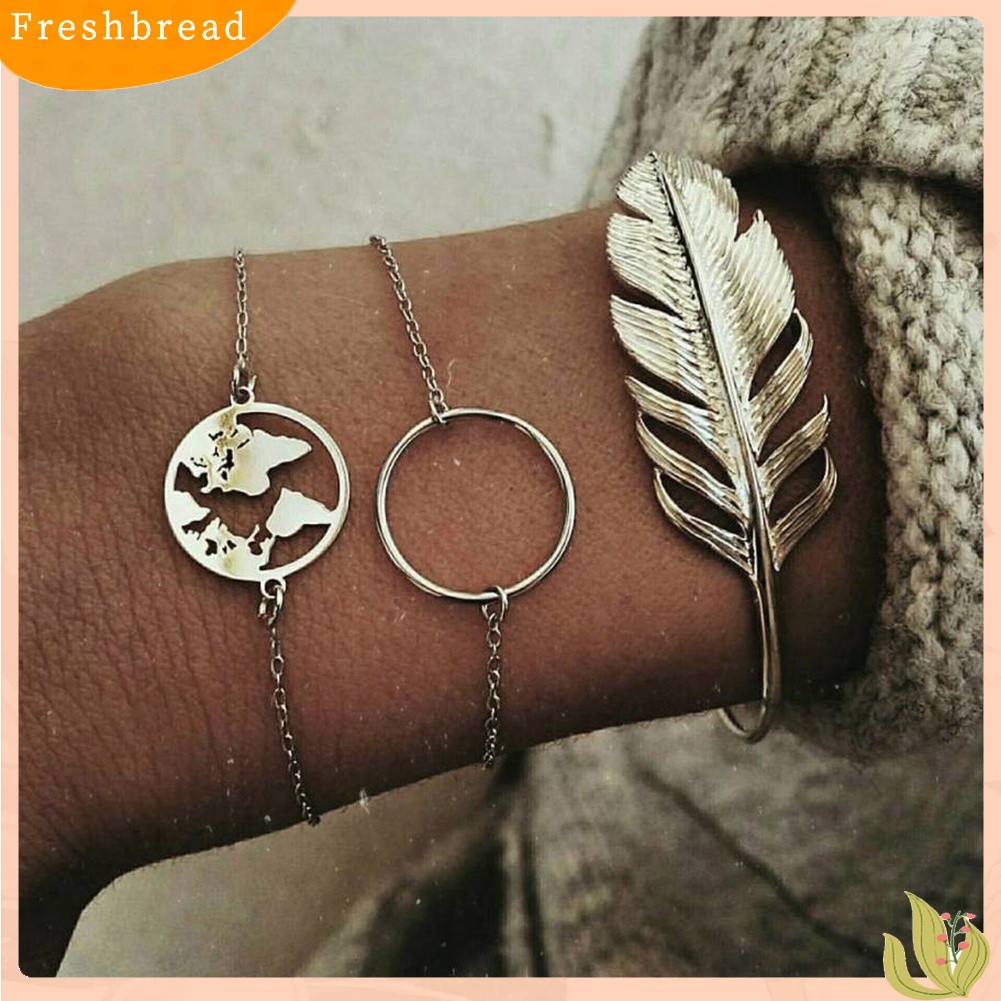 &lt; Freshbread &gt; 3Pcs Wanita Vintage Paduan Gelang Daun Peta Lingkaran Bangle Set Perhiasan Hadiah