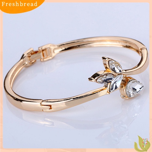 &lt; Freshbread &gt; Wanita Rose Gold Disepuh Berlian Imitasi Bertatahkan Bunga Ramping Cuff Bangle Gelang