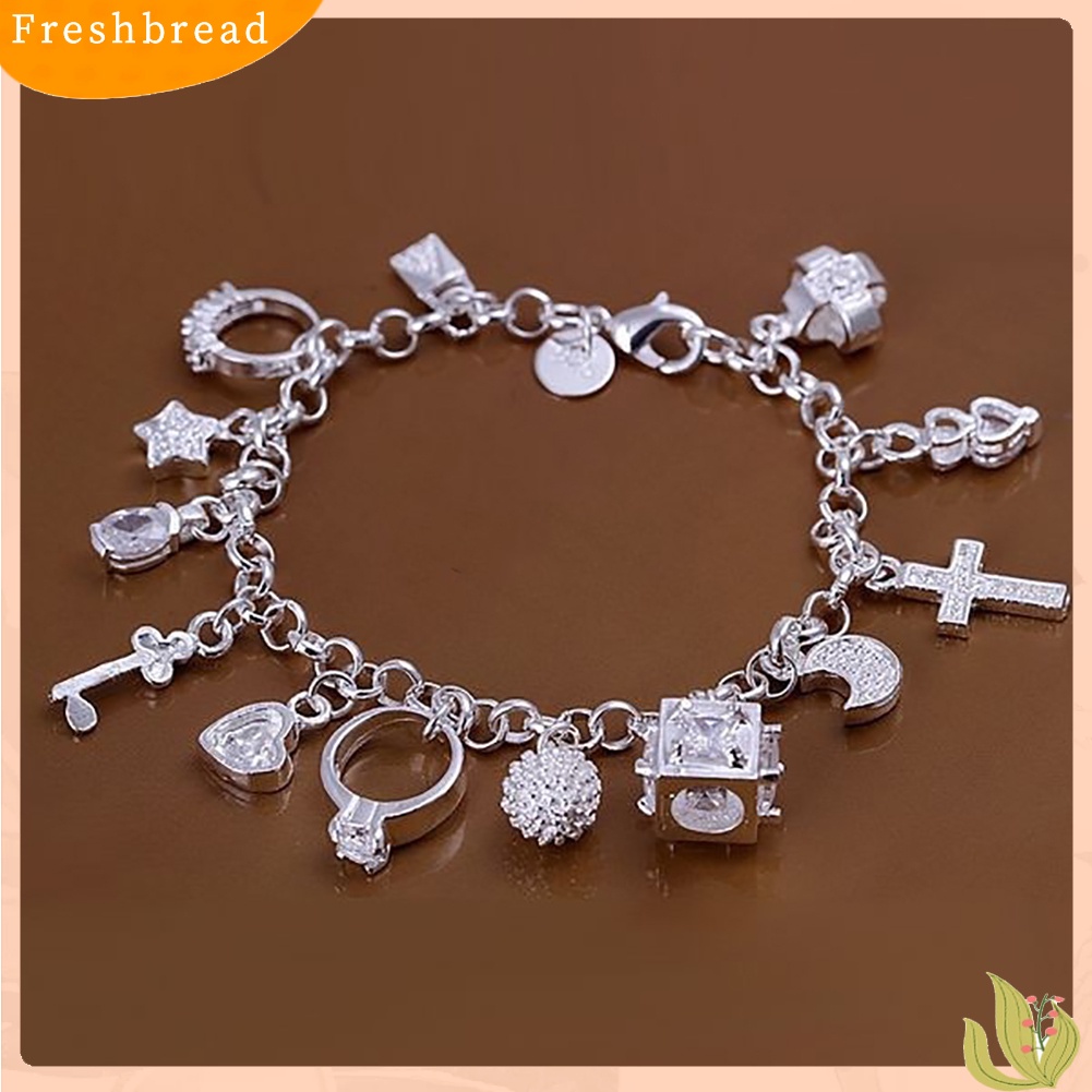 &lt; Freshbread &gt; Wanita Perak Berlapis Salib Bulan Bintang13 Charms Liontin Gelang Bangle Perhiasan