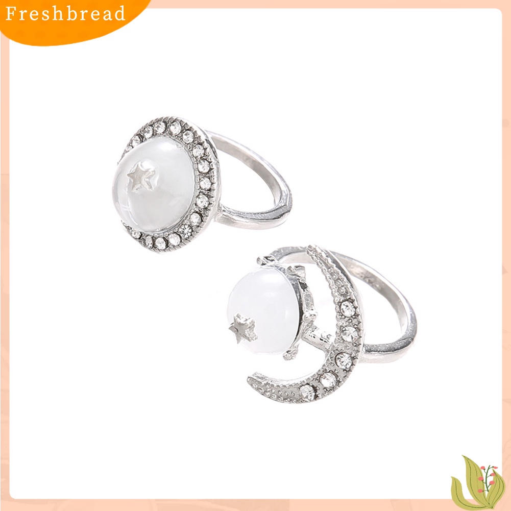 &lt; Freshbread &gt; 2Pcs/Set Boho Wanita Transparan Bulat Berlian Imitasi Hias Bulan Bintang Buku Jari Rings