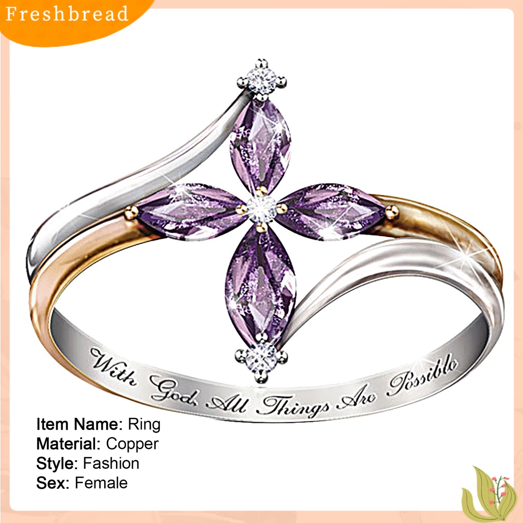 &lt; Freshbread &gt; Cincin Wanita Dual Color Hadiah Valentine Tembaga Faux Amethyst Cross Floral Ring Untuk Pesta
