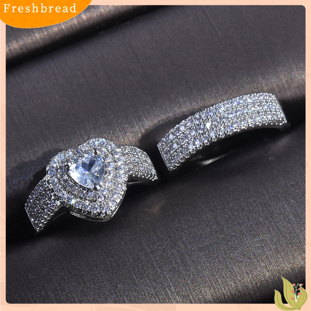 &lt; Freshbread &gt; 2Pcs/Set Cincin Pengantin Berlian Imitasi Mengkilap Mewah Geometris Indah Perhiasan Hadiah Menawan Kekasih Bentuk Hati Janji Cincin Perhiasan Aksesori