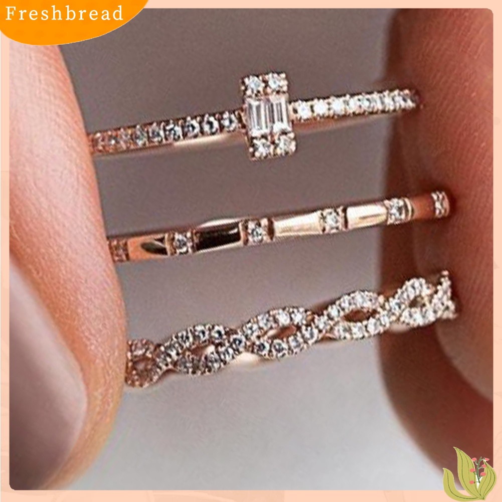 &lt; Freshbread &gt; 3Pcs/Set Criss Cross Cubic Zirconia Bertatahkan Cincin Susun Perhiasan Pengantin Pernikahan