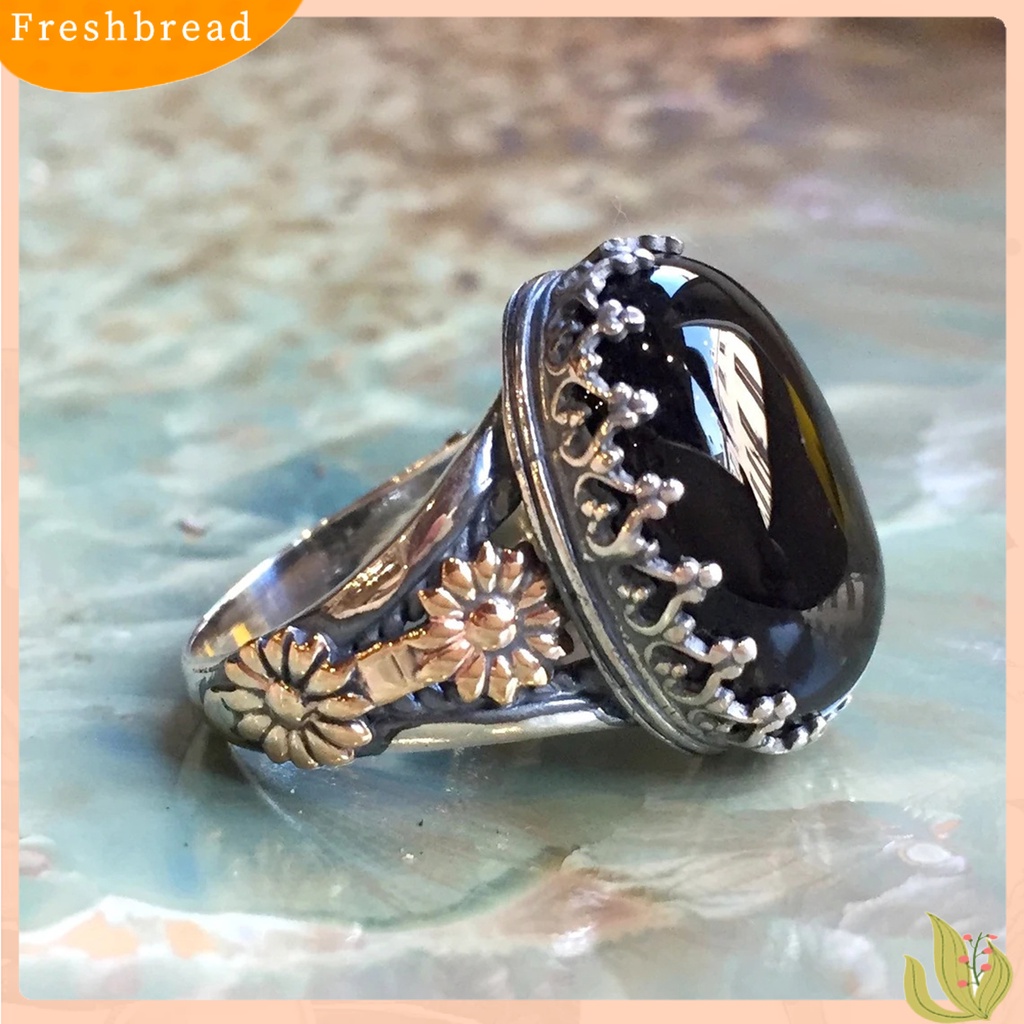 &lt; Freshbread &gt; Cincin Unisex Lebar Gaya Batu Ukir Pola Bunga Cincin Permata Imitasi Aksesoris Perhiasan