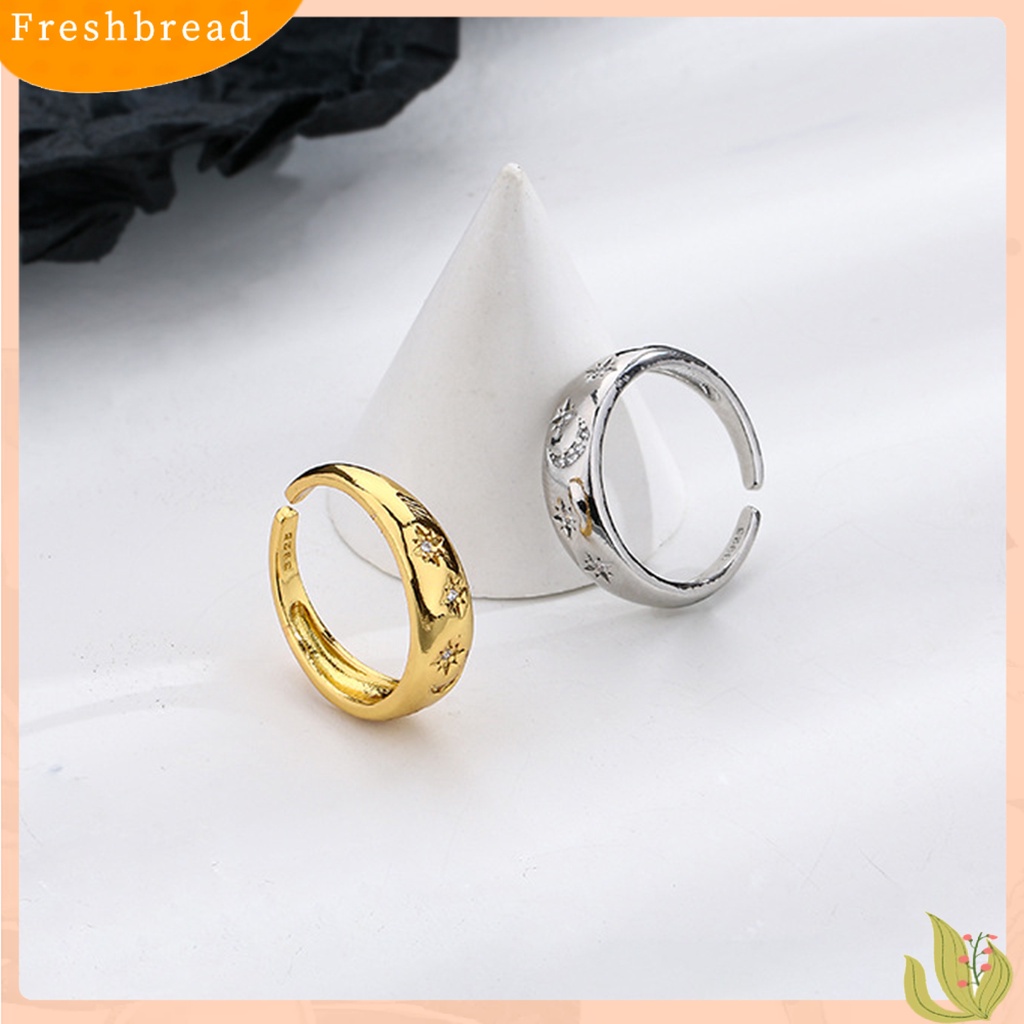 &lt; Freshbread &gt; Cincin Janji Ukiran Halus Zirkon Imitasi Bertatahkan Desain Pembukaan Kilau Terang Electroplating Dekorasi Pengerjaan Halus Fashion Cincin Bulan Bintang Sederhana Untuk Anniversary