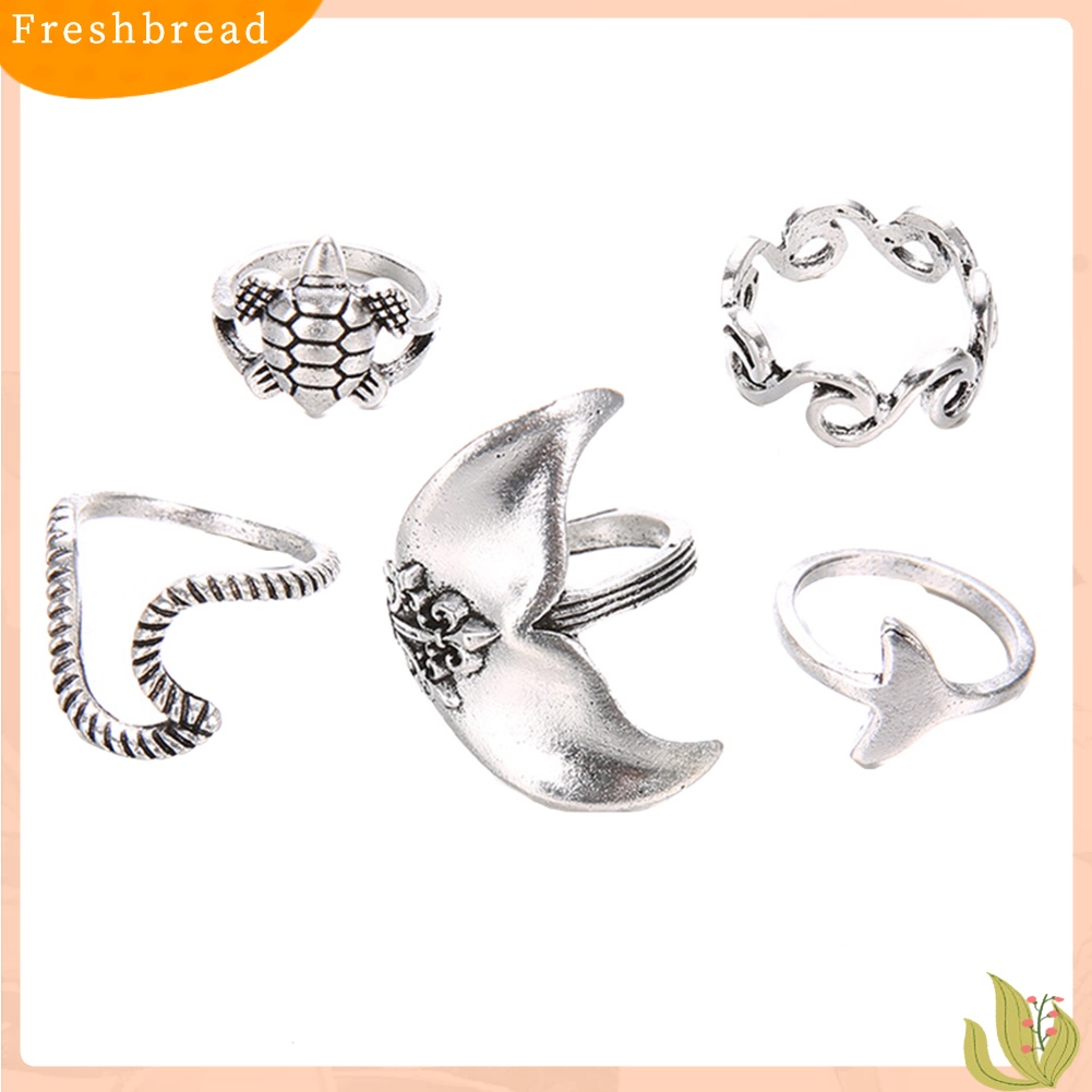 &lt; Freshbread &gt; 5Pcs/Set Boho Wanita Turtle Wave Whale Tail Knuckle Midi Jari Cincin Perhiasan