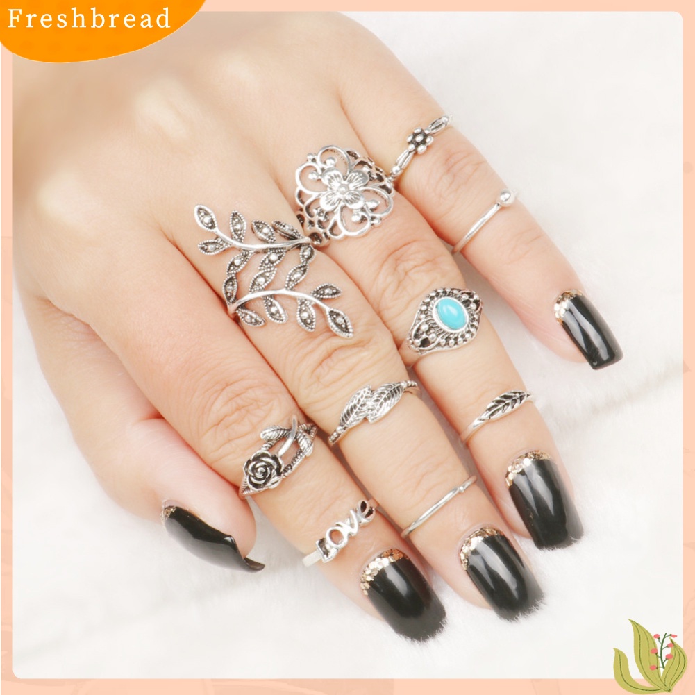 &lt; Freshbread &gt; 10 Pcs Wanita Retro Mawar Ukir Imitasi Pirus Susun Jari Cincin Perhiasan Hadiah