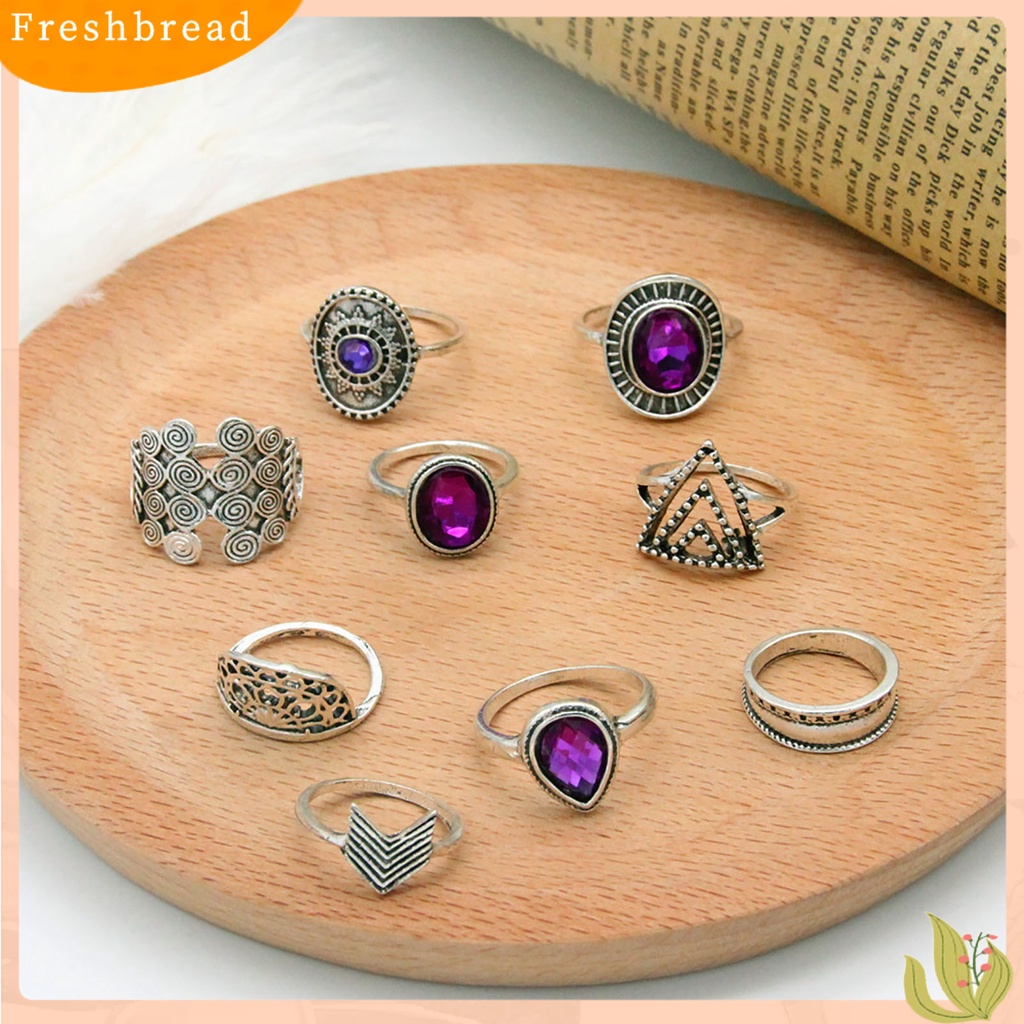 &lt; Freshbread &gt; 9Pcs/set Water Drop Stackable Knuckle Rings Alloy Bohemia Ungu Permata Imitasi Jari Rings Perhiasan Aksesori