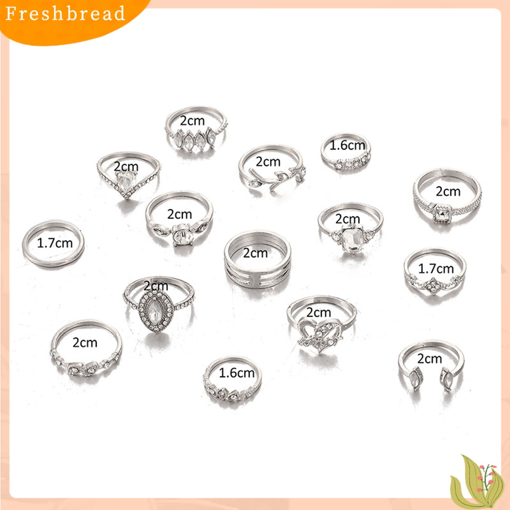 &lt; Freshbread &gt; 15Pcs/Set Cincin Fashion Kerajinan Tangan Geometris Hati Kristal Imitasi Perhiasan Ring Untuk Pesta