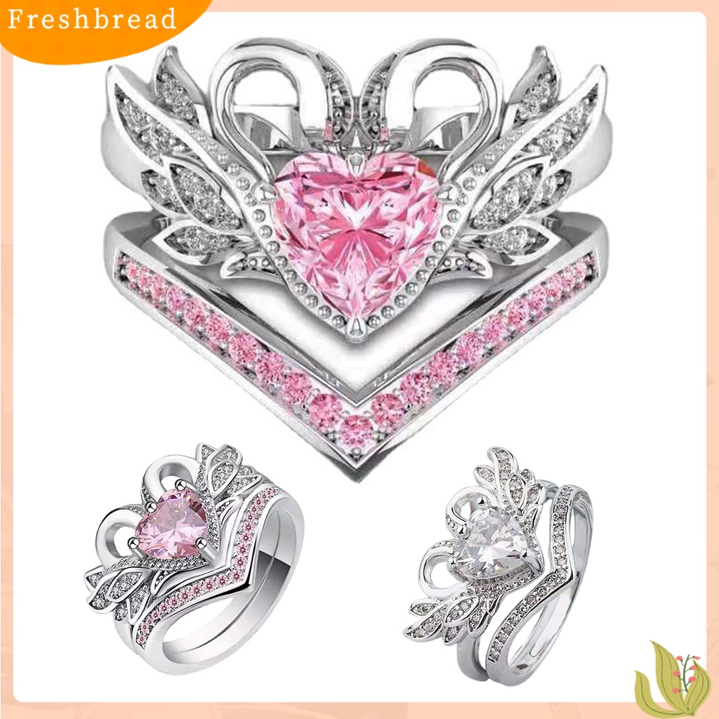 &lt; Freshbread &gt; Sepasang Bentuk Angsa Wanita Cincin Cubic Zirconia Alloy Hati Berongga Shiny Finger Ring Perhiasan Aksesori