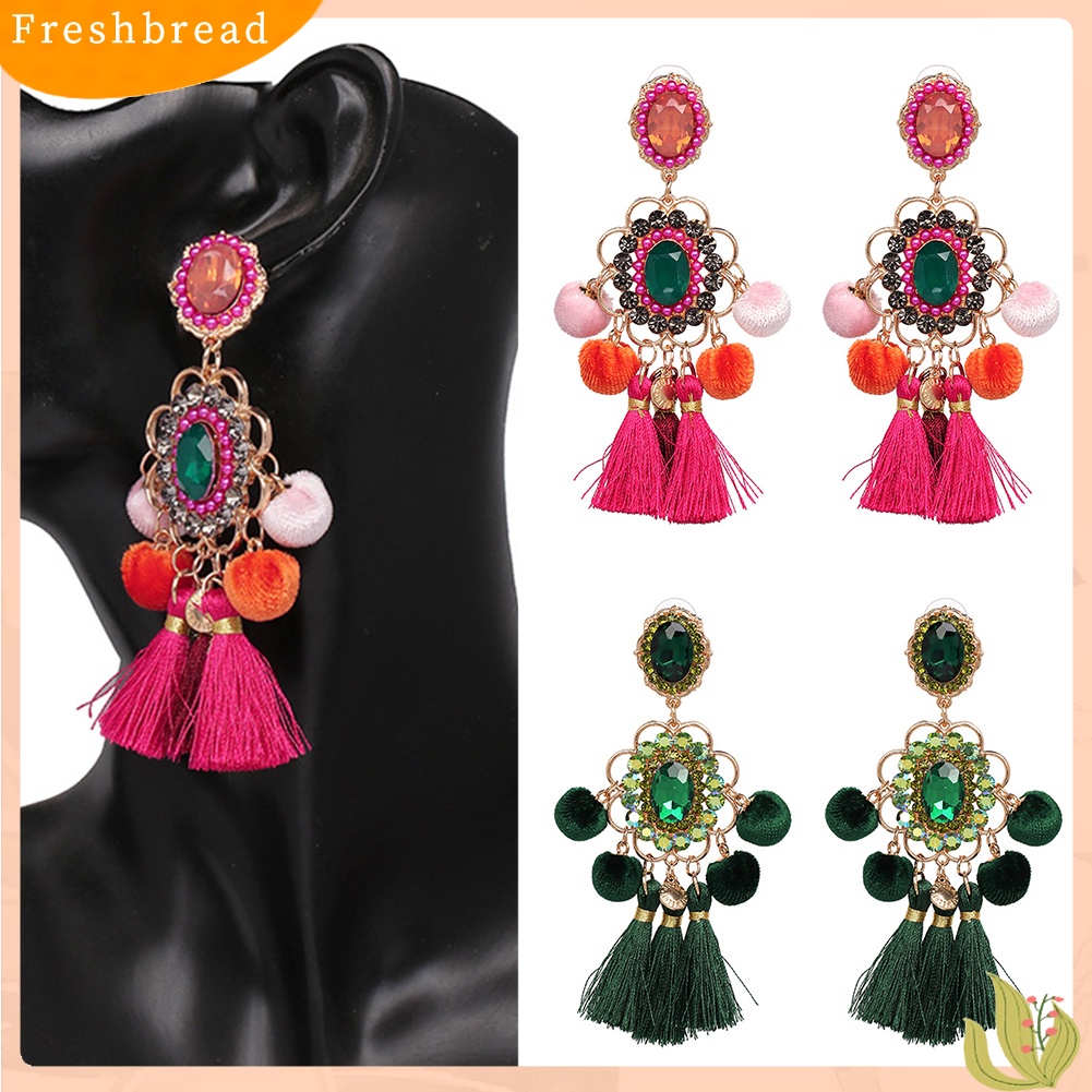 &lt; Freshbread &gt; Wanita Berlian Imitasi Bunga Pompom Rumbai Menjuntai Ear Stud Earrings Statement Jewelry