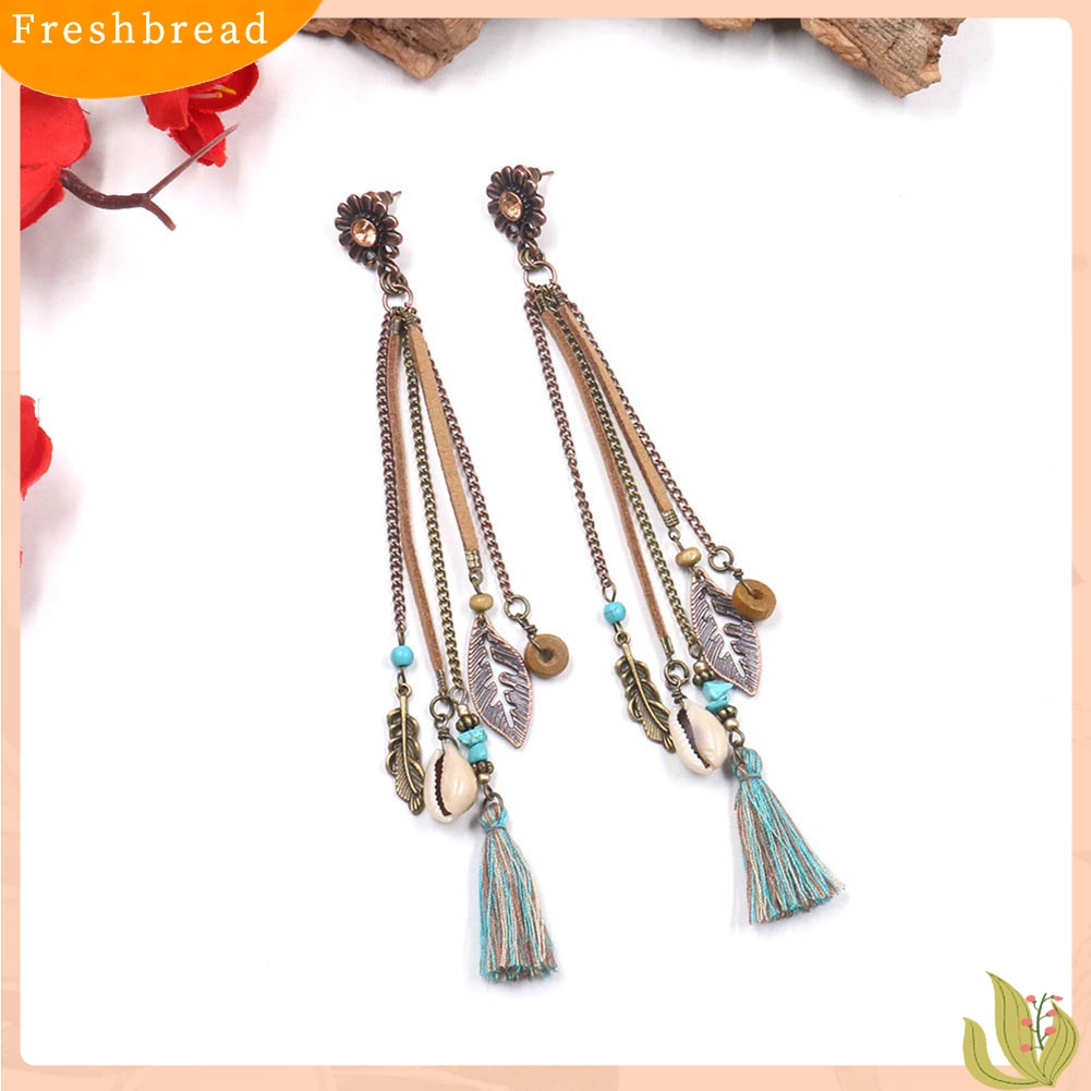 &lt; Freshbread &gt; Wanita Boho Bunga Matahari Shell Ox Tanduk Rumbai Menjuntai Anting Eardrop Perhiasan Hadiah