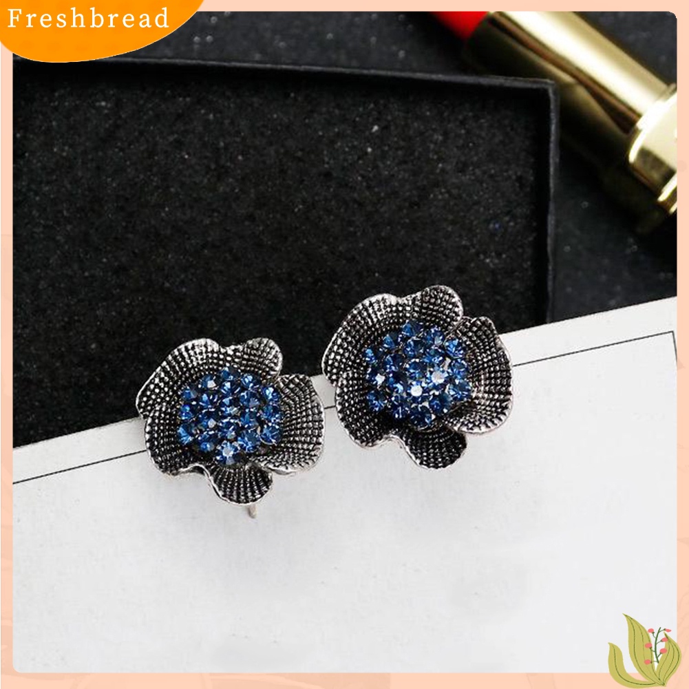 &lt; Freshbread &gt; Vintage Wanita Berlian Imitasi Hias Bunga Mawar Bentuk Stud Earrings Perhiasan Hadiah