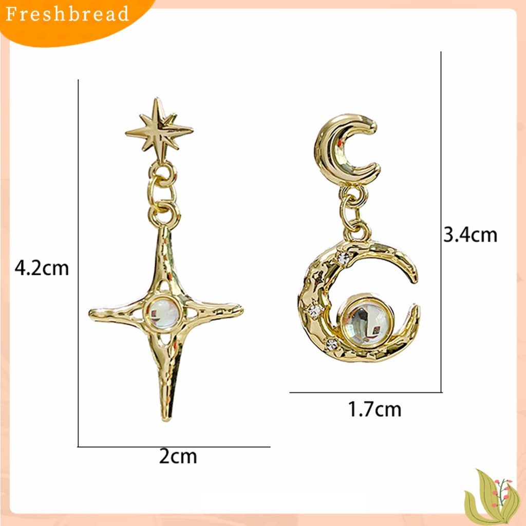 &lt; Freshbread &gt; 1pasang Anting Menjuntai Asimetris Moonstone Glitter Hiasan Telinga Temperamen Berkilau Bulan Bintang Hias Berlian Imitasi Retro Stud Earrings Untuk Pacaran