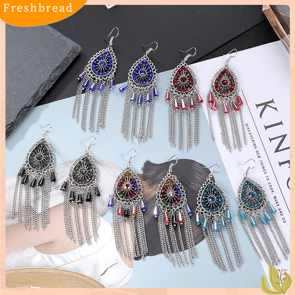 &lt; Freshbread &gt; 1pasang Anting Wanita Bentuk Tetesan Air Rumbai Berlian Imitasi Vintage Drop Earrings Untuk Pakaian Sehari-Hari