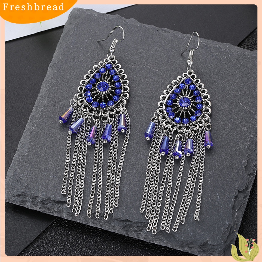 &lt; Freshbread &gt; 1pasang Anting Wanita Bentuk Tetesan Air Rumbai Berlian Imitasi Vintage Drop Earrings Untuk Pakaian Sehari-Hari