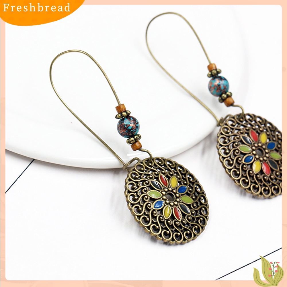 &lt; Freshbread &gt; Vintage Berongga Bulat Liontin Enamel Bunga Menjuntai Panjang Kerawang Anting Ukir