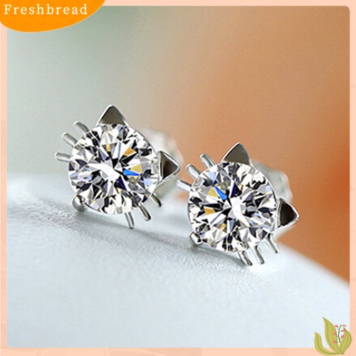 &lt; Freshbread &gt; Gadis Lucu Bersinar Telinga Kucing Giwang925 Sterling Perak Zirkon Anting Perhiasan