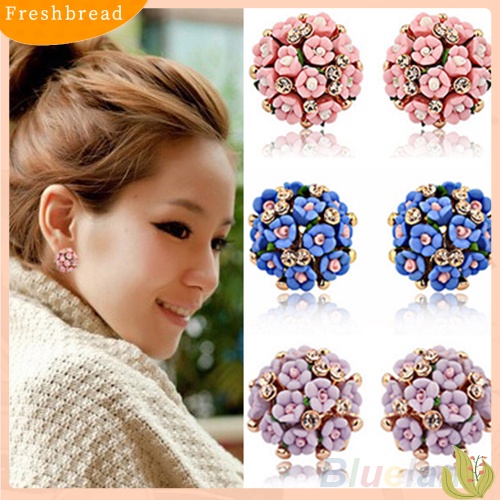 < Freshbread > Wanita Gadis Pengantin Pernikahan Perhiasan Bunga Mempesona Berlian Imitasi Klip Stud Earrings